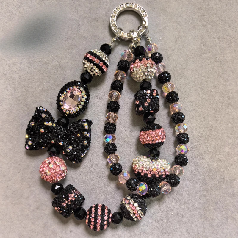 

Ins Handmade Black Pink Diamond Ball Mobile Phone Chain Bag Chains Party Wedding Full Diamond Bow Square Double Chain Crystal