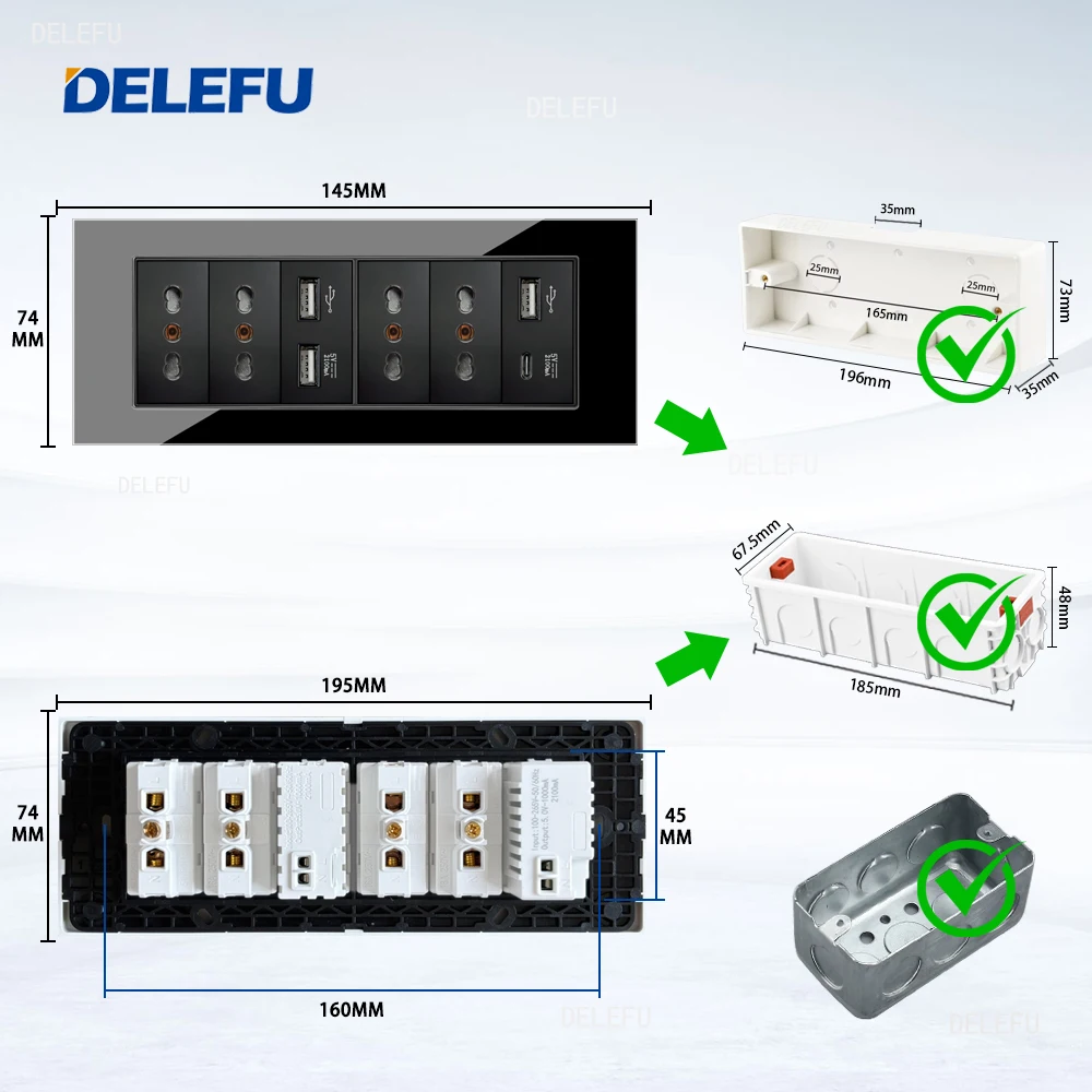 DELEFU Glass SC70 Panel 195mm Black Italian Standard USB C-type Fast Charging Wall Socket Switch TV Telephone CAT5 CAT6