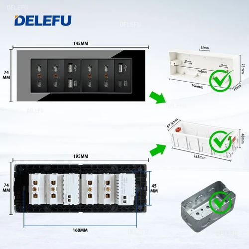 Imagen 2 del producto DELEFU-Panel de cristal SC70, 195mm, negro, estándar italiano, USB tipo C, interruptor de toma de pared de carga rápida, TV, teléfono, CAT5, CAT6