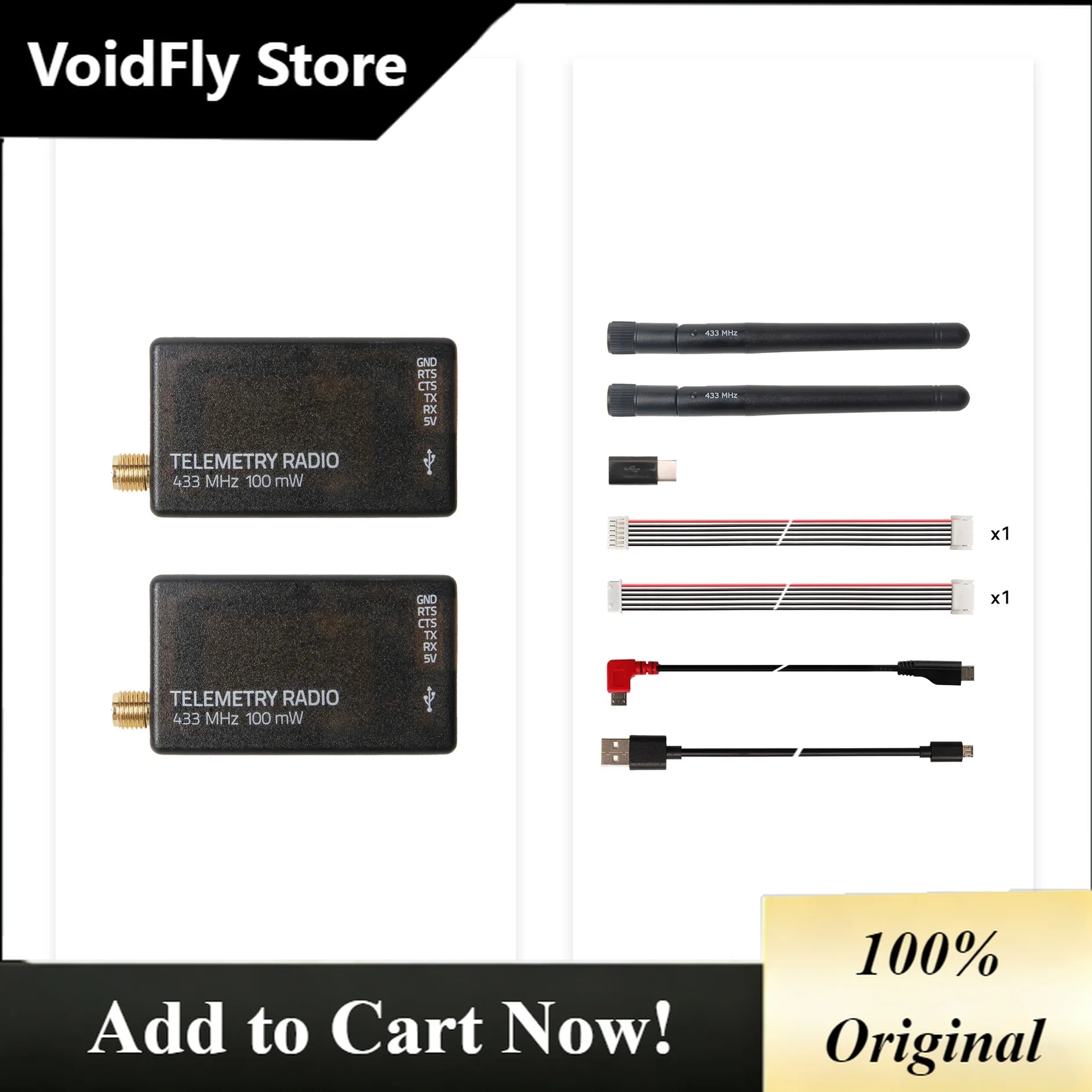 VoidFly Holybro SiK Telemetry Radio V3 100mW 433MH 915MHz Open-source SiK firmware Plug-n-play for Pixhawk Standard Flight Contr