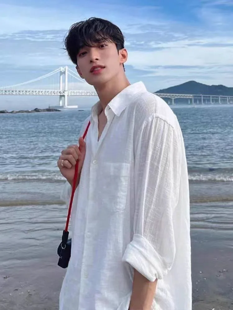 White Linen Cotton Men's Shirt Breathable Summer Thin Sun Protection Outerwear Lazy Loose Long Sleeve Shirt Casual Style