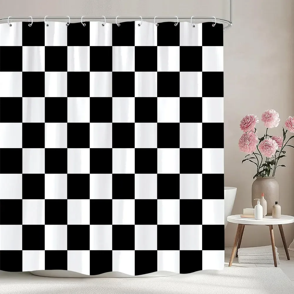 

Black and White Grid Shower Curtain Simple Style Modern Home Bathroom Decor Curtain Polyester Fabric Bath Curtains With Hooks