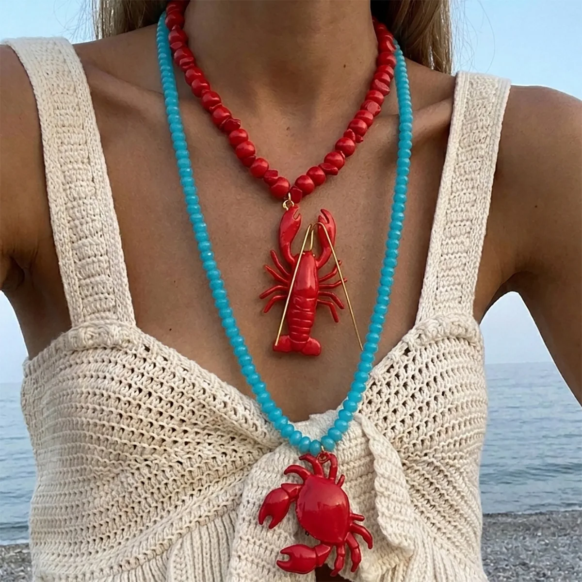Colorful Resin Crab Beaded Necklace with Sculpted Lobster Pendant Vacation Beach Party Lightweight High Quality Summer Jewelry