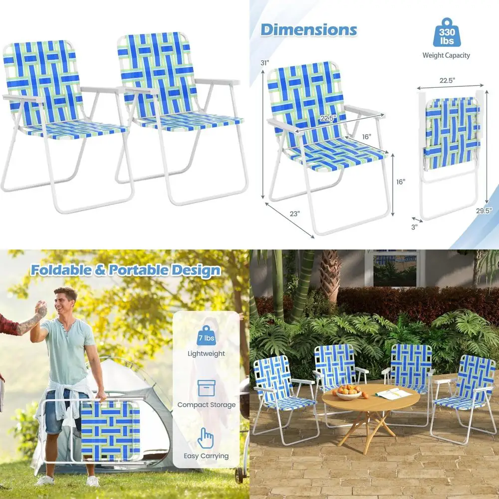 

Комплект из 2 уличных обеденных стульев с подлокотниками - легкие, портативные, для пляжа, у бассейна, на заднем дворе (синий и зеленый)