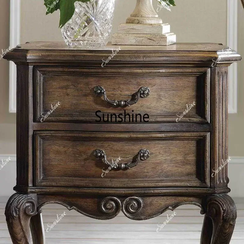 

High-end modern simple bedside table vintage bedroom carved bedside table side tableTJ