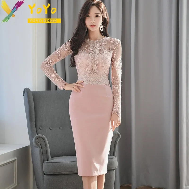 

Elegant Formal Pink Transparent Lace Stitching Long Sleeve Dress Autumn/Winter 2024 Temperament Slim Bodycon Party Dress