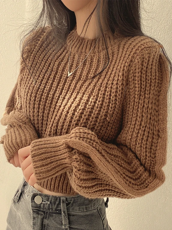 韓国風スイートルーズフィットラウンドネックプルオーバーショートニットセーターレディースウエストシェイプショート丈ニットウェアトップ