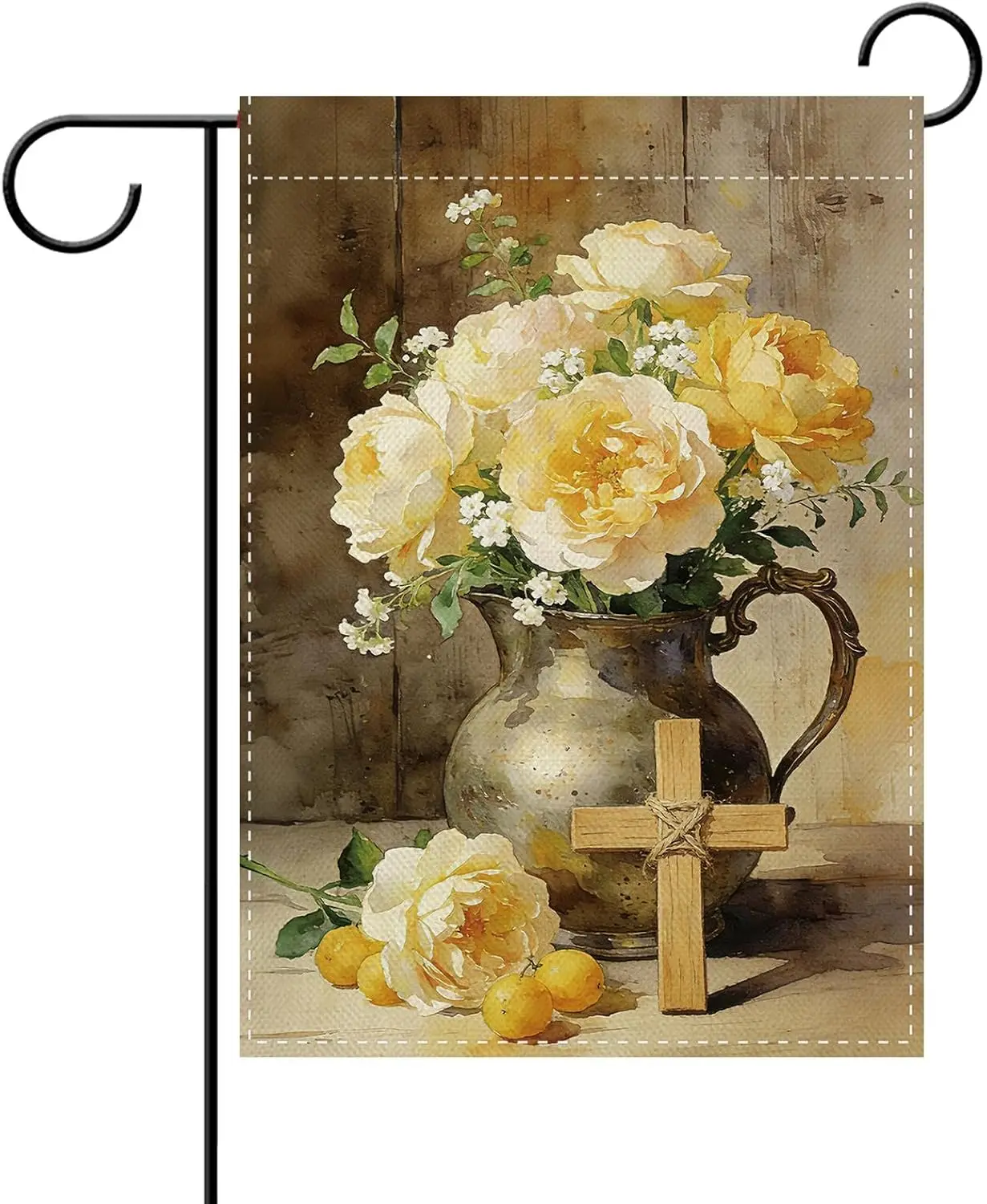 Dyrenson Christian Watercolor Yellow Rose Flower Garden Flag, Religious Vintage Floral Cross Bible Verse Yard Outside Home D kkz