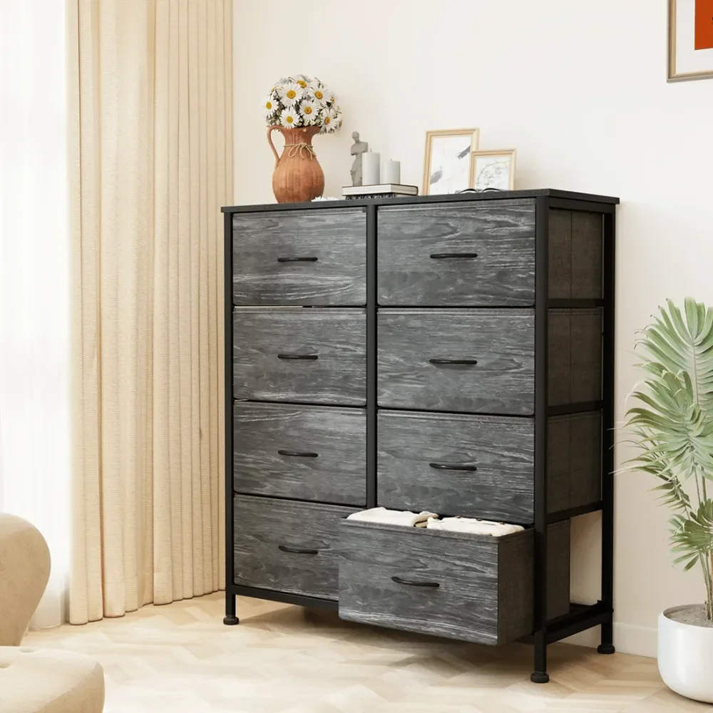 

8 Drawer Dresser For Bedroom, Fabric Storage Organizer With Sturdy Metal Frame, Wooden Top Chest Of Drawers For Closet Entryway