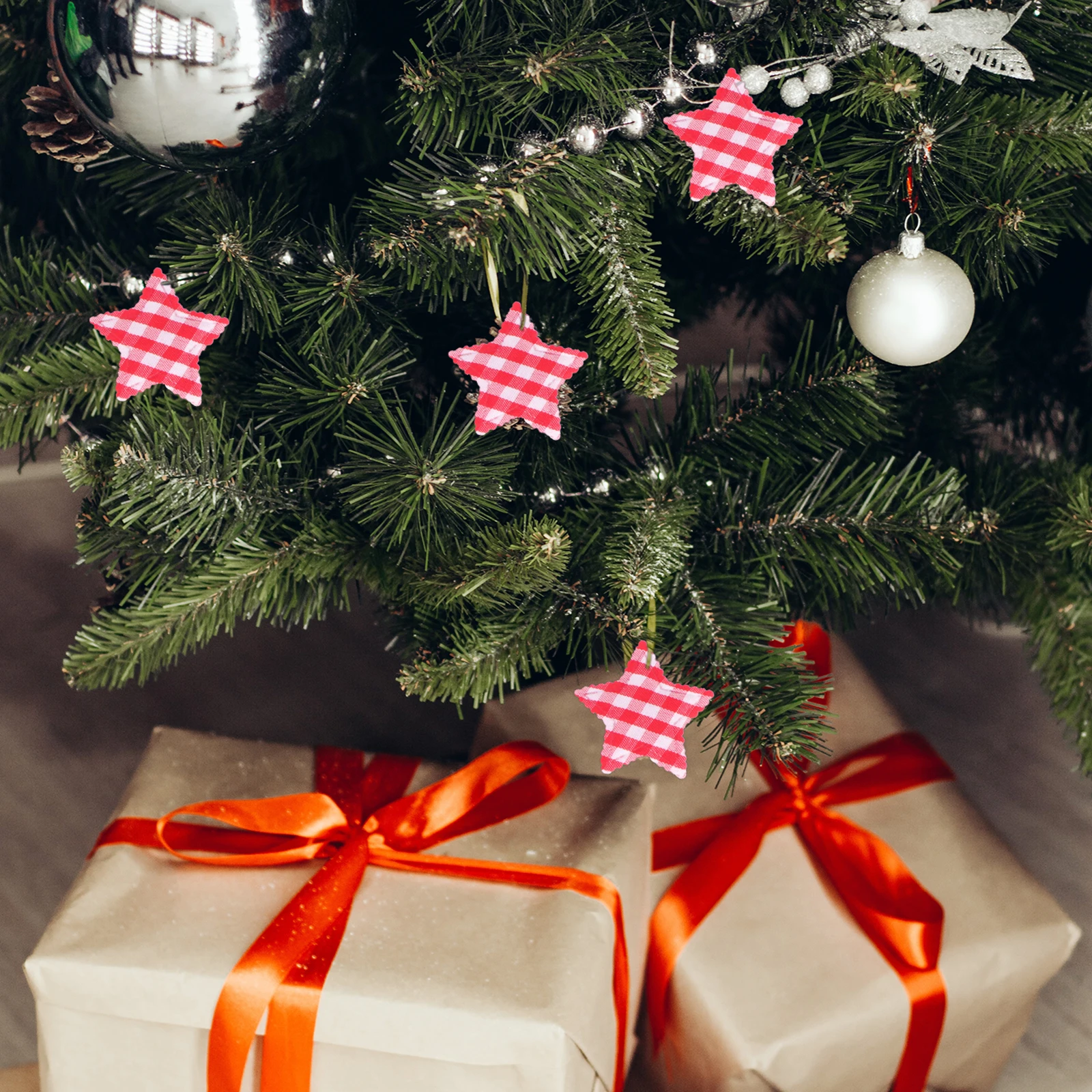 

50Pcs Embossed Star Decoration Red Lattice Cloth Ornament for Christmas Tree Wall Window DIY Party Festival Home Office Decor