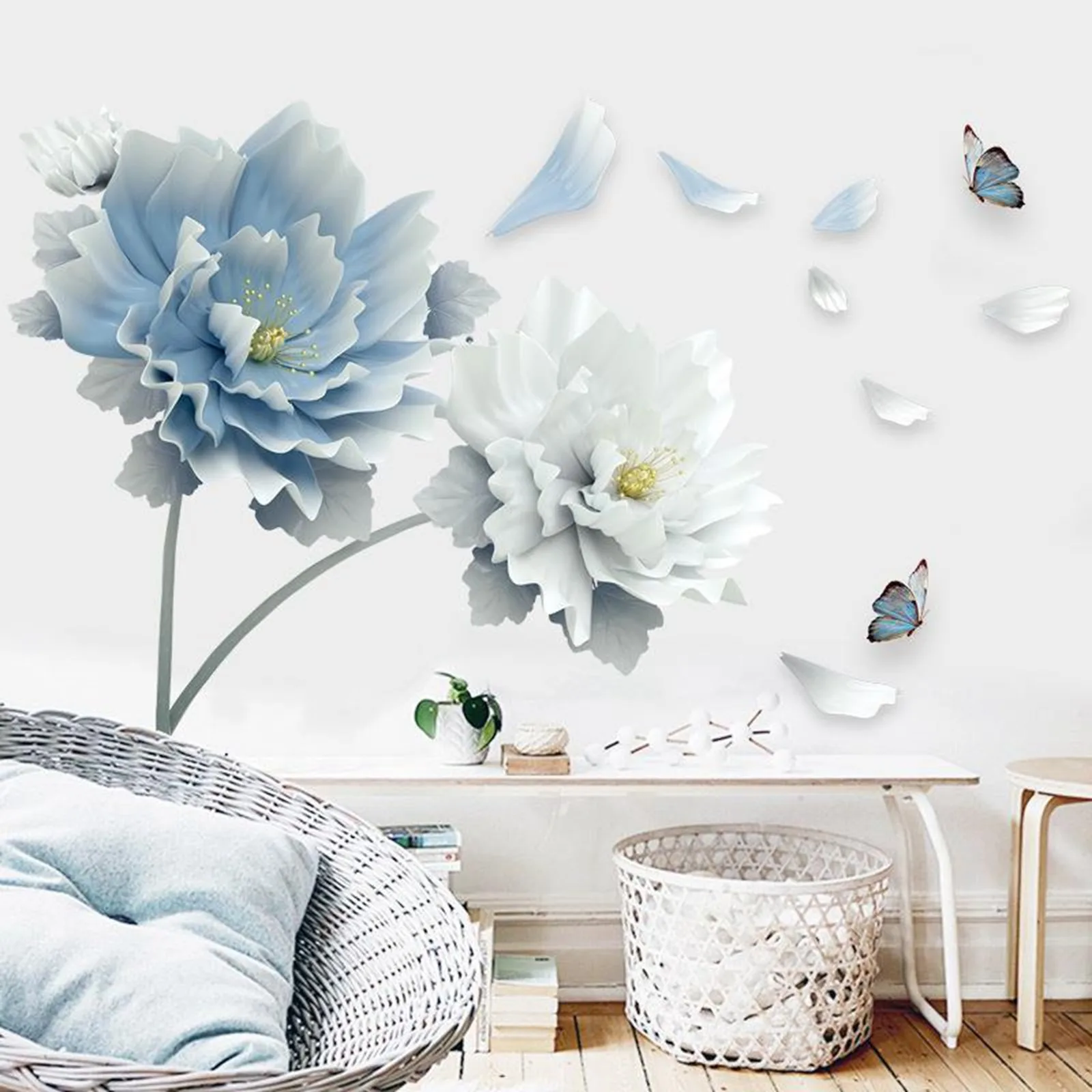 3d Stick on Wall Panels 3D Large White Blue Flower Butterfly Removable Wall Stickers Sticker Wall Decorations for Girls Bed Room