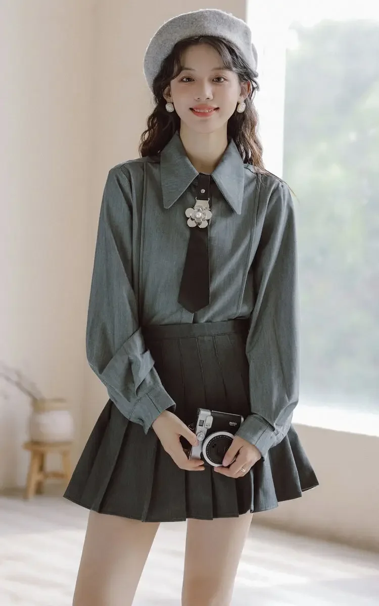 Autumn New Korea Japan Style Jk Set women's Short Suit Jacket White Shirt Short Pleated Skirt Fashion Grey Uniform Set