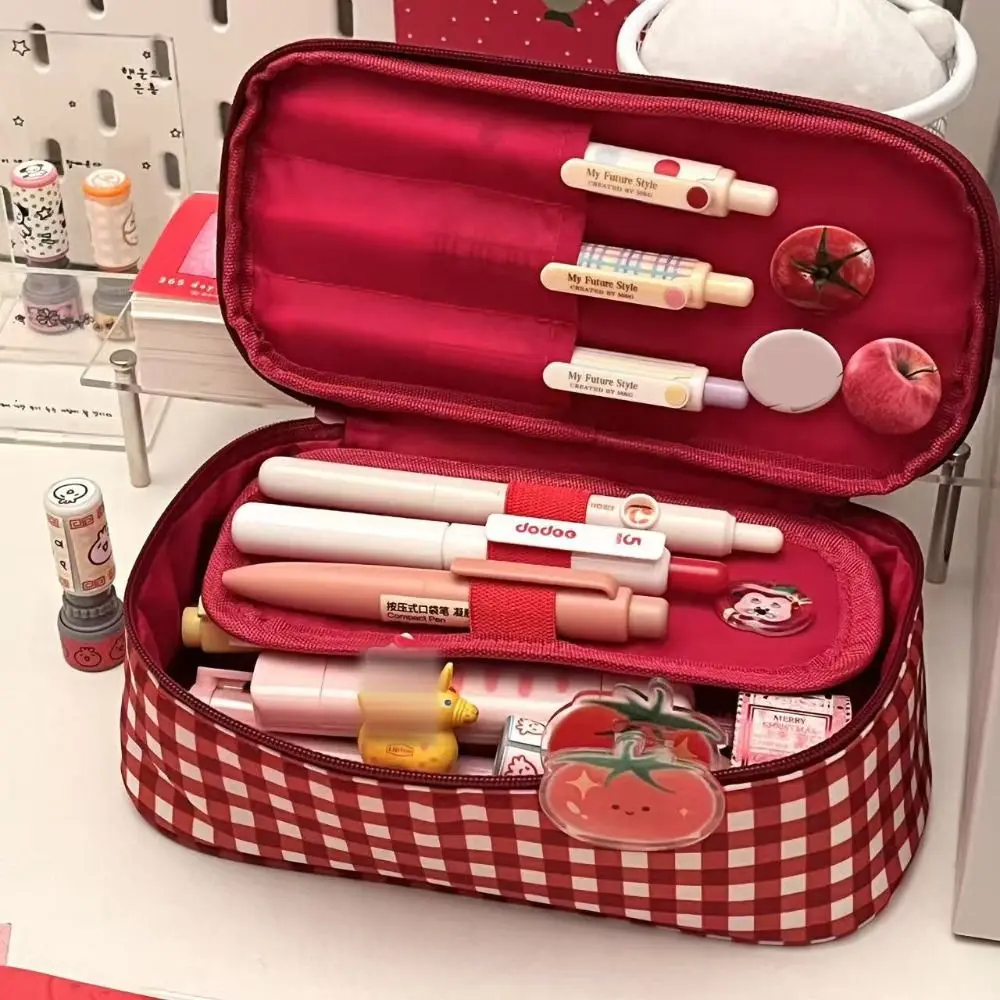 INS Grids Pattern Pencil Case Large Opening Large Capacity Stationery Pouch Flip Design Stationery Storage Bag Students