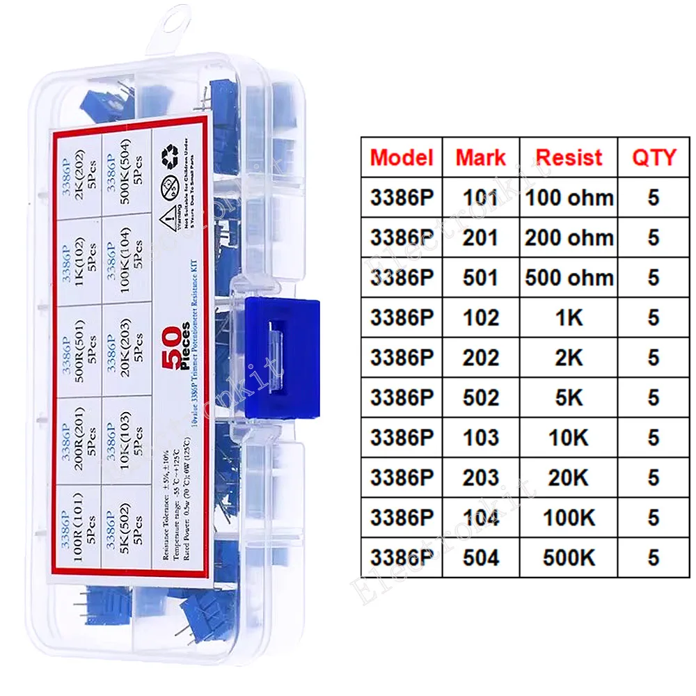 50pcs 10-Value 3386P 100R-10K Variable Multi-Turn Potentiometer Assortment Kit