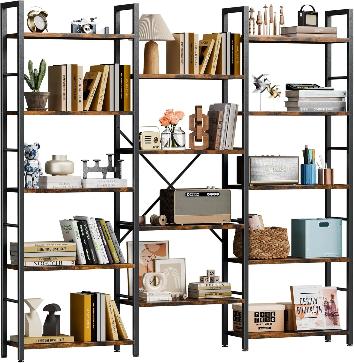 

Triple Column 5 Tier Bookshelf, Industrial Large Bookcase Display Shelves, Large Etagere Bookshelf,Wide Book Shelf Book Case for