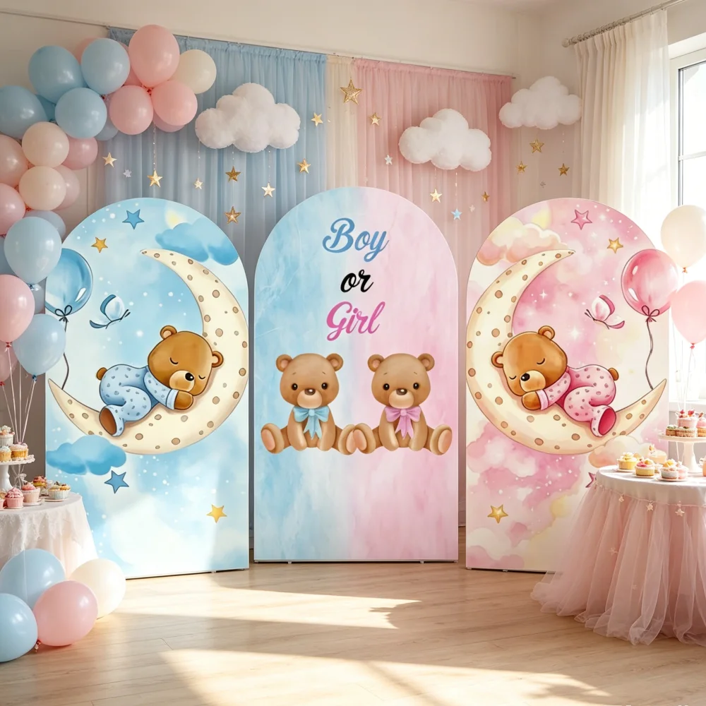 Gender Reveal Arch Backdrop Single Side Cover Bear Moon Pink Blue Star Balloons Party Photo Booth Background Shooting Props