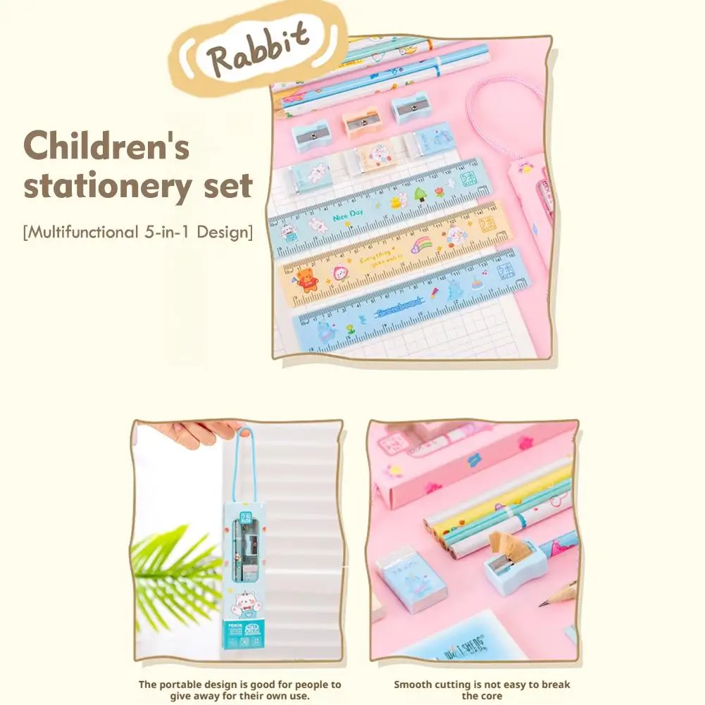 5 in 1 Cute Cartoon Pencil Set Portable Stationery Set for Kids Gift Pencil Eraser Sharpener Ruler School Supplies