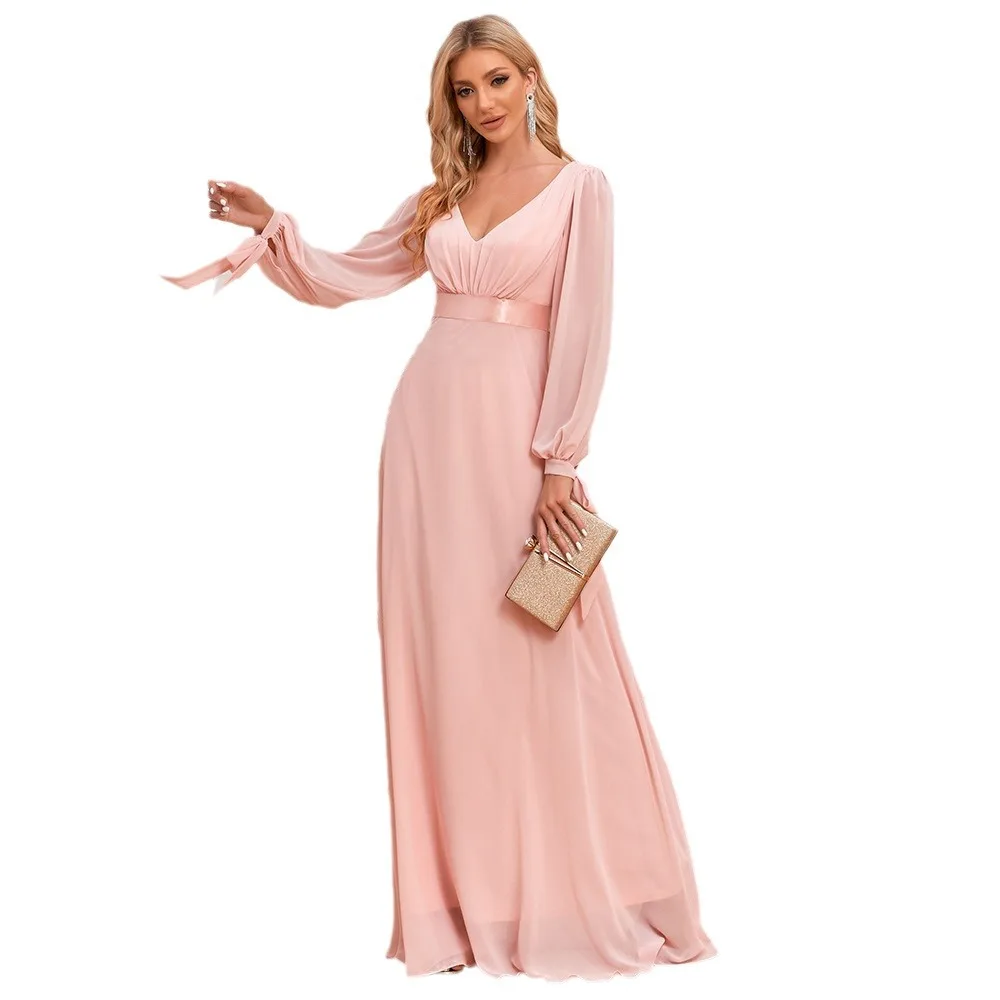 

Elegant Double V-neck Chiffon Formal Evening Party Dress Pink With Long Sleeves