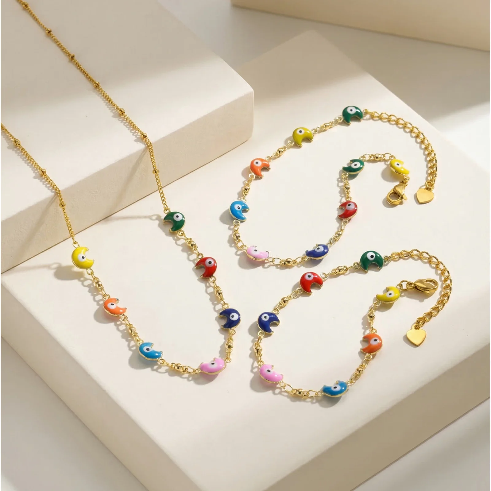 

Vnox Gold Color Colorful Enamel Cute Moon Spacer Bead Chain Necklaces Bracelet Anklet for Women Summer Travel Necklace Jewelry