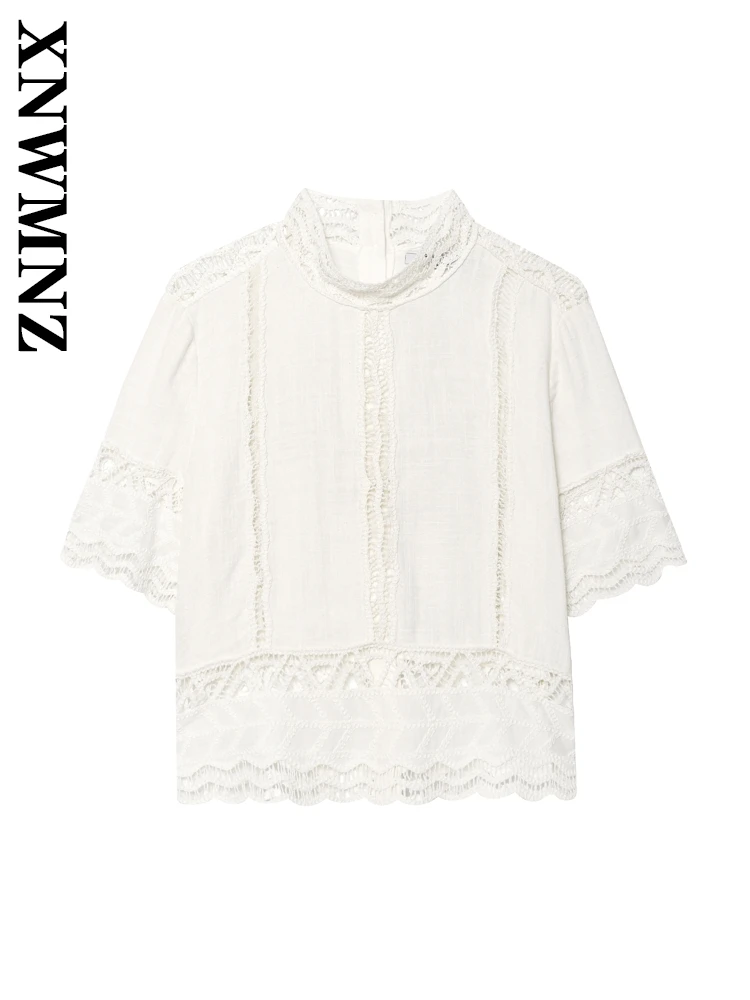 

XNWMNZ 2025 Summer Women Clothing Chic Casual Stand Collar Crochet Shirt Simple Lady Short Sleeve Top Vintage Short Sleeve Top
