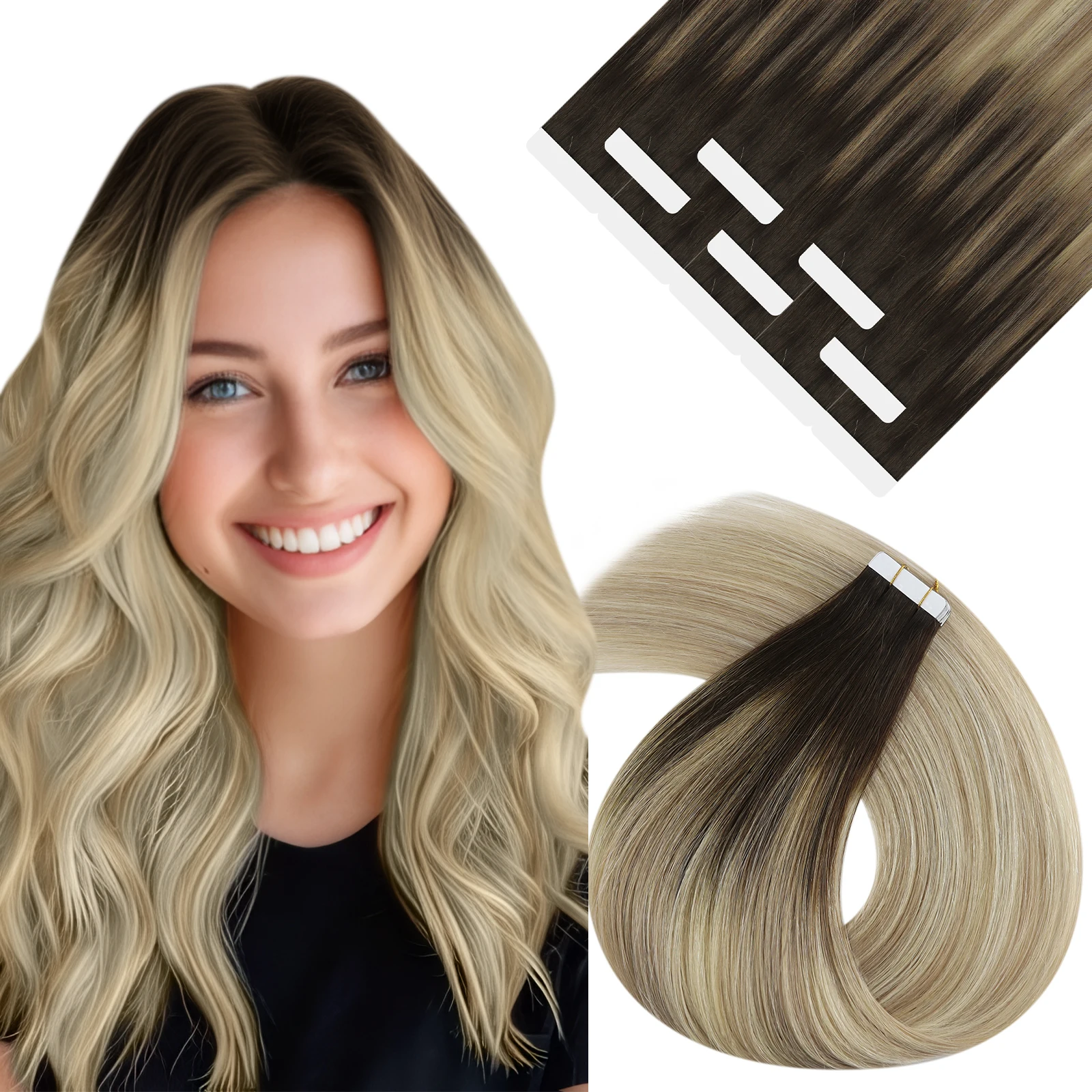 YoungSee Tape in Extensions Highlights Silky Straight Full Head Hair Real Human Hair Top 10A Hair Natural Shiny Hair 12-24Inches