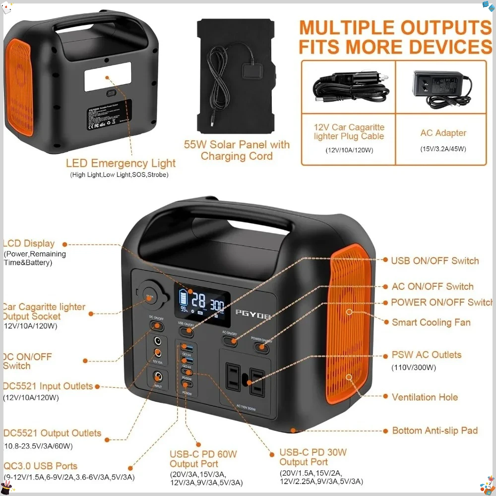 55Wソーラーパネル付きポータブル電源、299Wh LiFePO4バックアップバッテリー、300W純正弦波AC（600Wピーク）