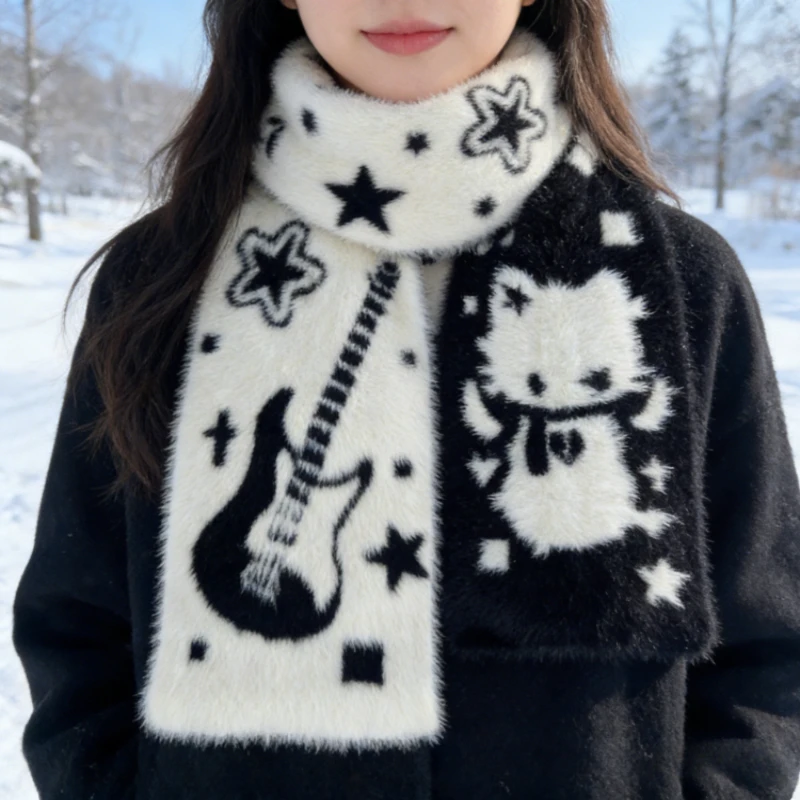 

Japanese Cat Guitar Two Tone Knitted Scarf Autumn Winter Atmosphere Versatile Warm Windproof Cold Proof Neck Wrap Student Scarf