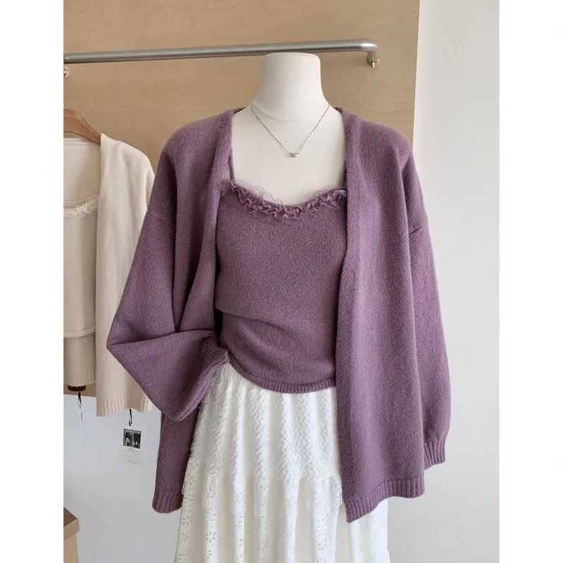 

Корейский стиль, ленивый стиль, модный темпераментный кружевной воротник, камзол, кардиган, универсальный вязаный свитер, свитер, куртка, комплект из двух предметов