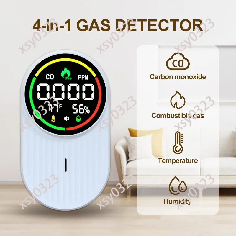 4-in-1 Wall Plug-in CO & Combustible Gas Detector Home Temperature Humidity Monitor for RV