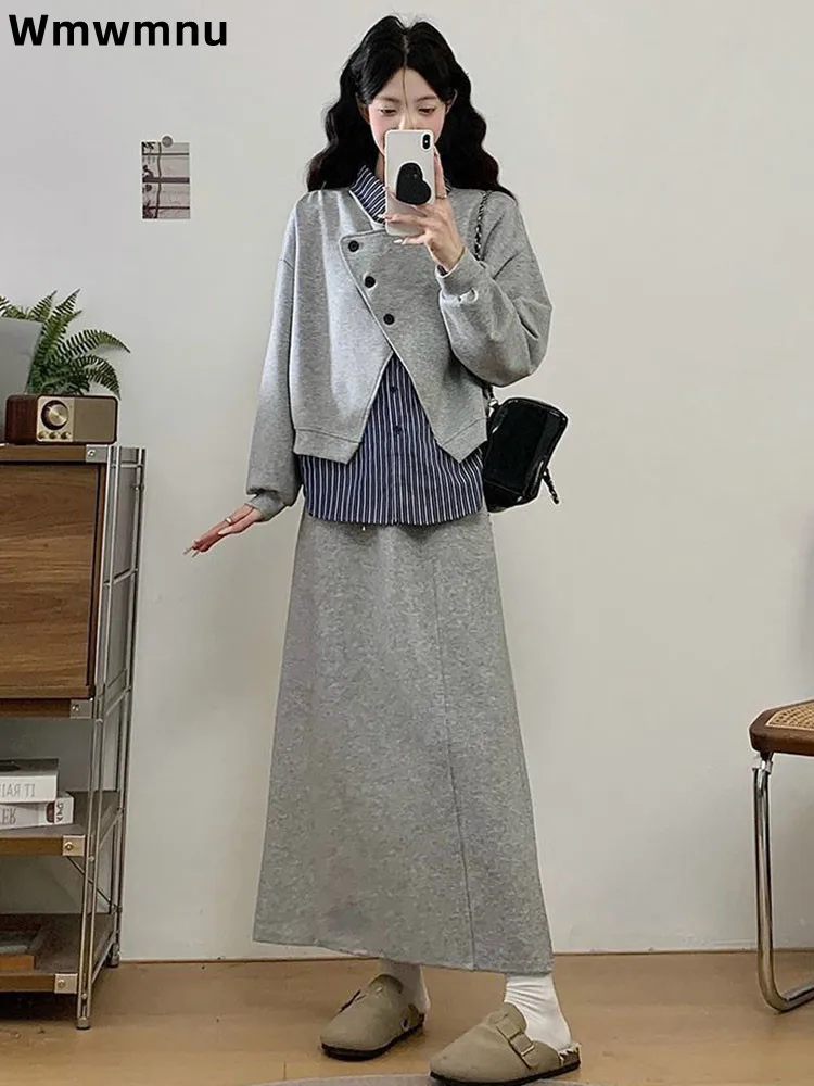 

Лоскутная женская повседневная свободная элегантная юбка Conjuntos с отложным воротником, мешковатая корейская мода, комплект из 2 предметов