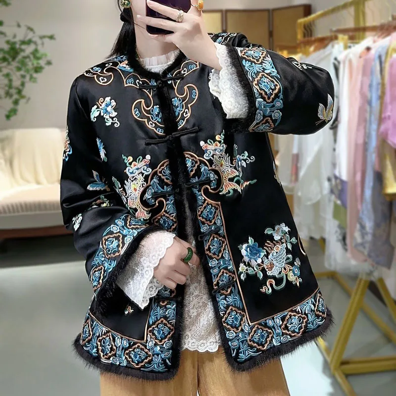 High-end Winter Women Warm Coat Retro Embroidery Elegant Lady Luxurious Loose Chinese New Year Acetate Jacket Female S-XXL