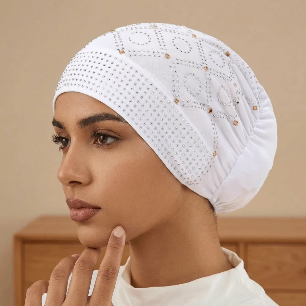 Headwear Rhinestone Turban Hat Shiny Elastic Fishtail Cap Head Cover Lightweight Headwrap Cap Travel
