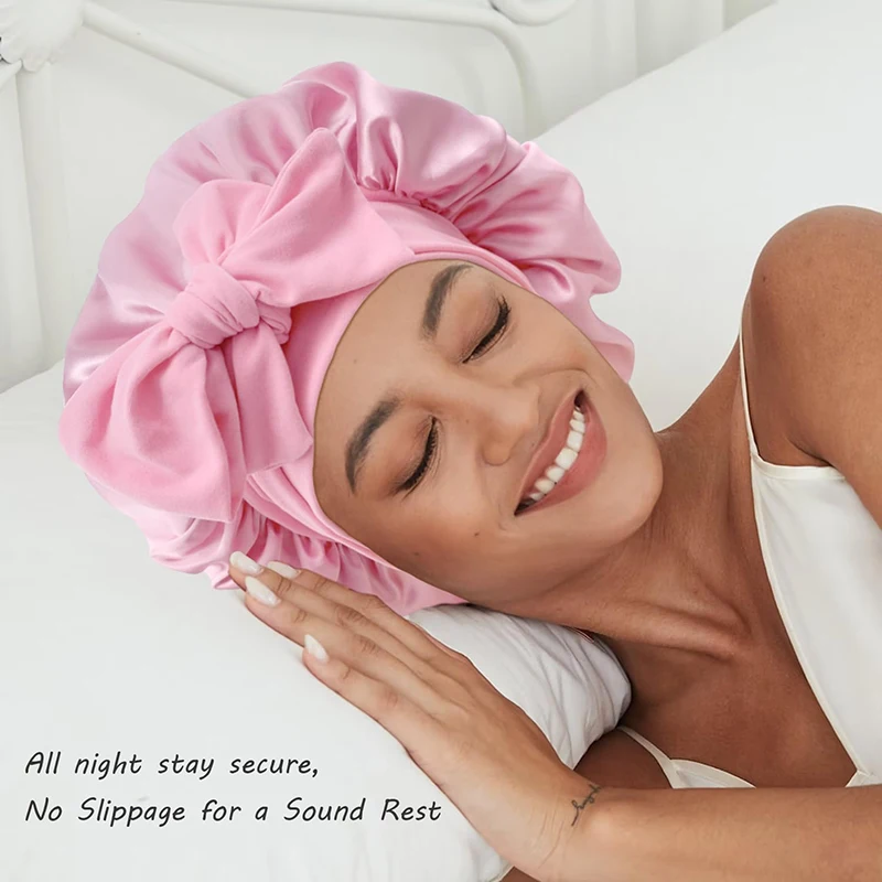 

New Satin Solid Sleeping Hat With Stretchy Tie Band Elastic For Women Night Shower Cap Adjustable Hair Head Cover Bonnet Turban