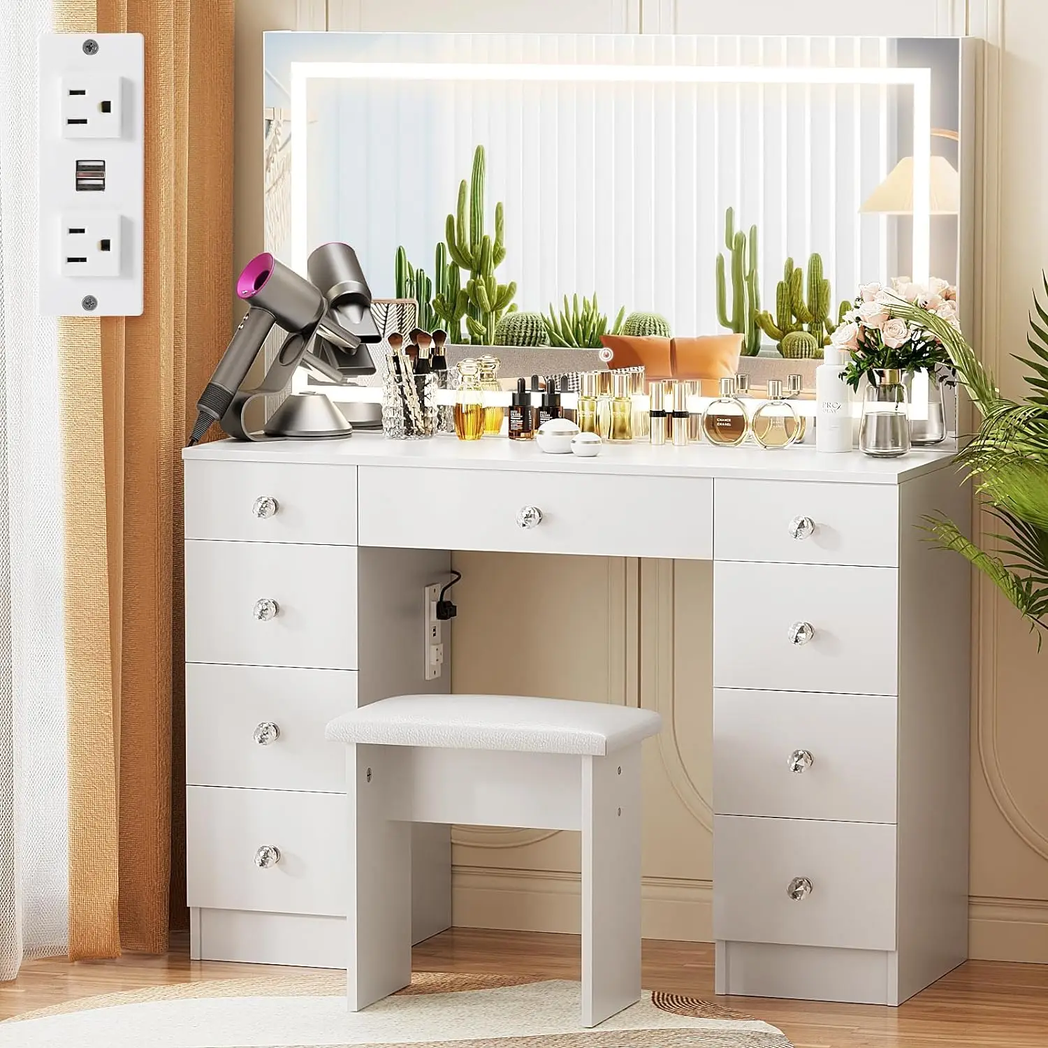 

Vanity with Lighted Mirror ,Power Outlet and 9 Drawers, 3 Color Lighting Modes Adjustable Brightness, Soft Cushioned Stool