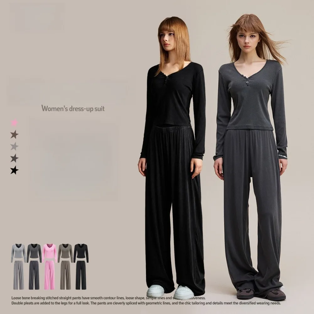 Women's Clothing | Autumn American Washed Retro Slim V-Neck Long Sleeve Top Skinny Casual Straight Pants Suit Women