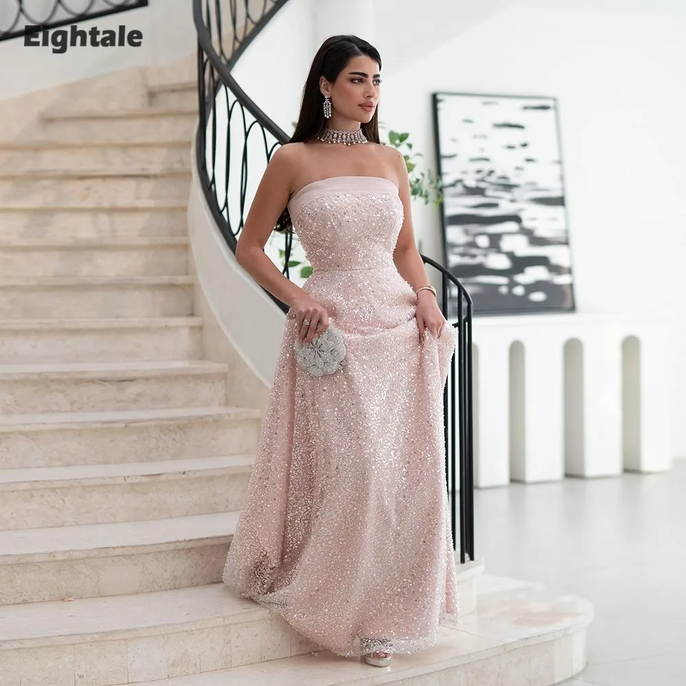 

Eightale Arabic Evening Dress Strapless Sequin Customized A-Line Floor Length Light Pink Prom Wedding Party Gowns