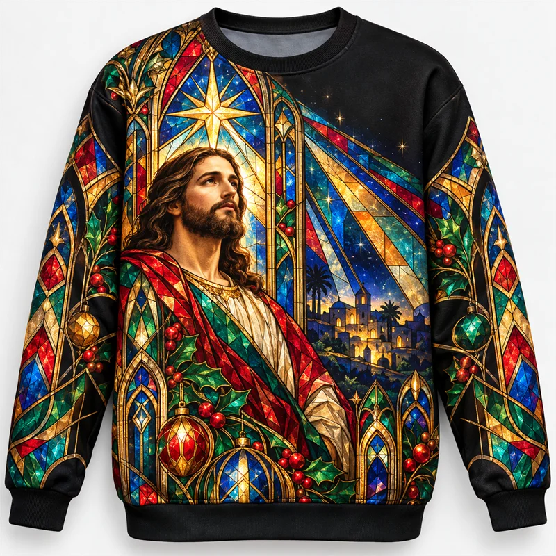 Jesus Christ Christmas Sweatshirt Men Nativity Dove Poinsettia Stained Glass Print Crewneck Long Sleeve Faith Holiday Pullover