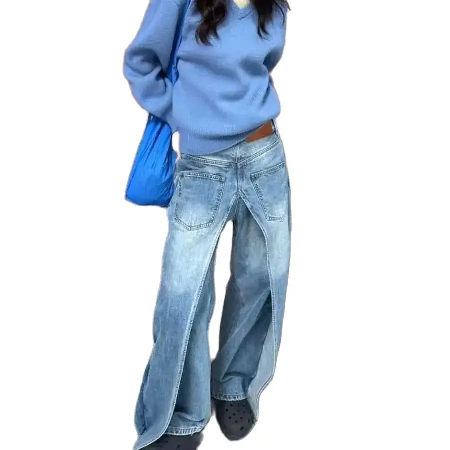 Jeans desconstrução de frente e traseira usar azul feminino retro perna larga baggy denim harajuku cintura alta jeans soltos 2024