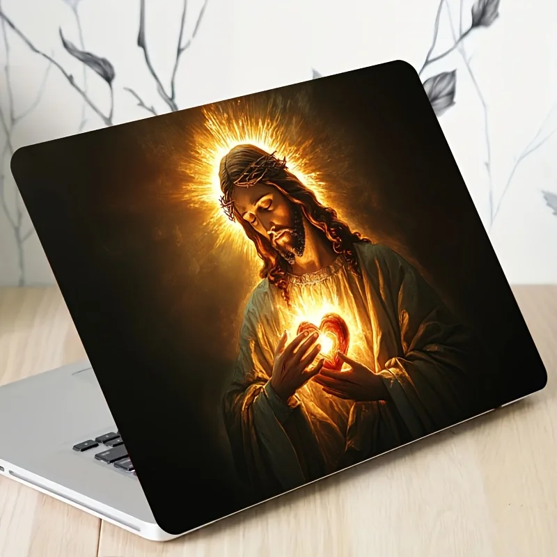 Adesivo beige chiaro per laptop da 1 pezzo con Sacro Cuore di Gesù Cristo e Corona di Spine - Design religioso luminoso, impermeabile e