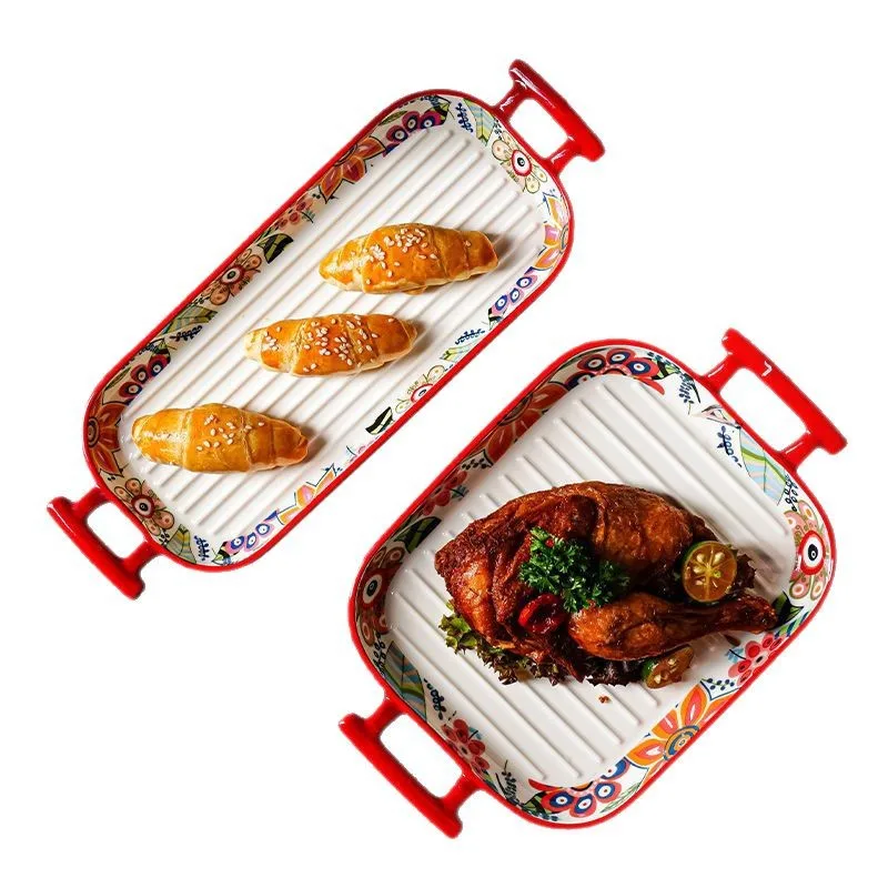 Nordic Butterfly Flower Ceramic Baking Dish Square Rectangle Dual Handle Oven Microwave Safe