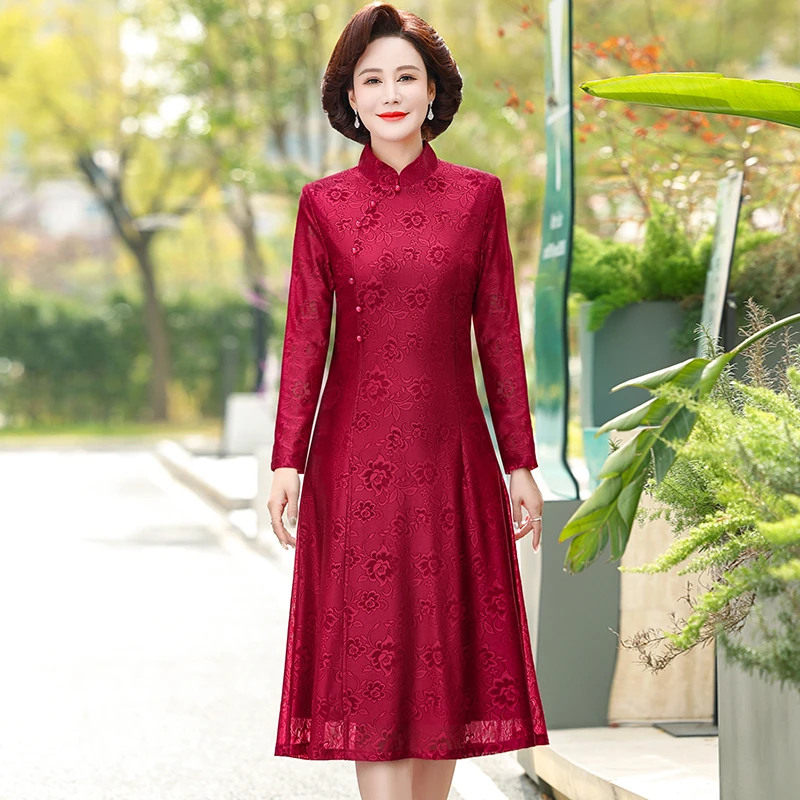 Mother Dress Spring Temperament Women's High quality Lace Dress Long Dress Female Elegant Qipao collar  A-Line Bodycon Vestidos