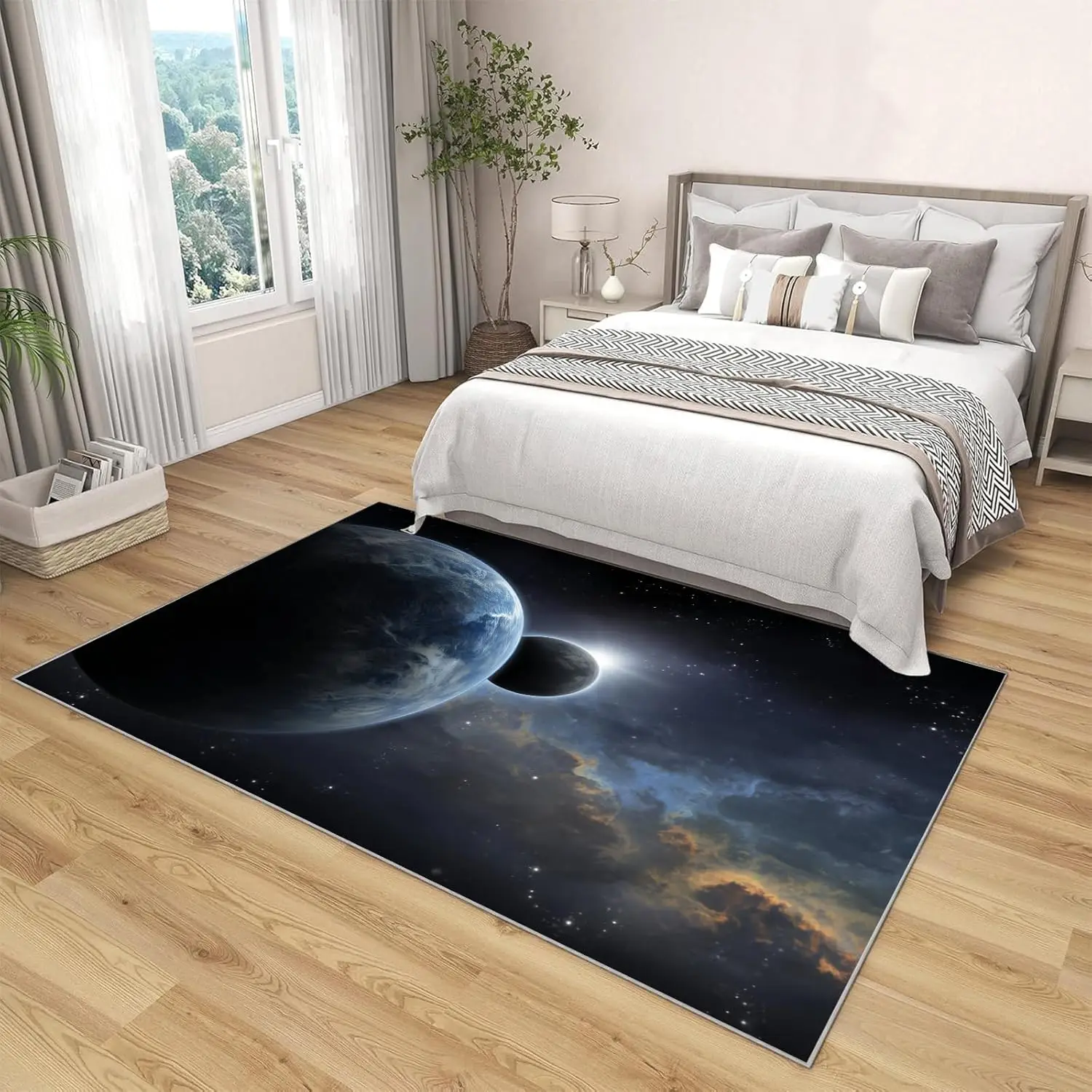 Living Room Rug Blue Area Rug Machine Washable Vast Starry Sky Carpet Non Slip Universe Planets Indoor Large Rugs for Bedroom