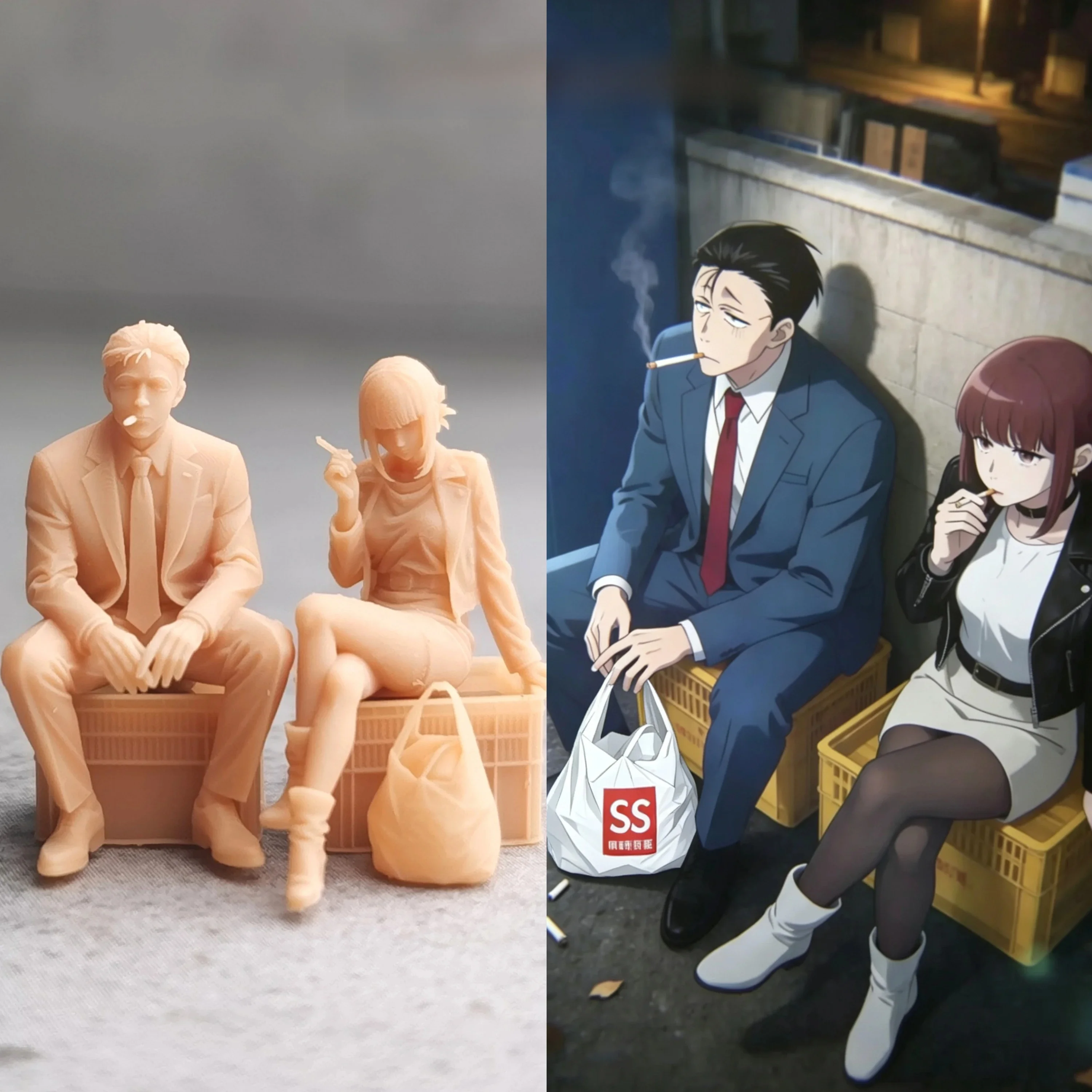 Miss Yamada And Mr. Sasaki Smoking Seated Posture Male And Female :64 Miniature Resin Doll White Model Scene Collectible