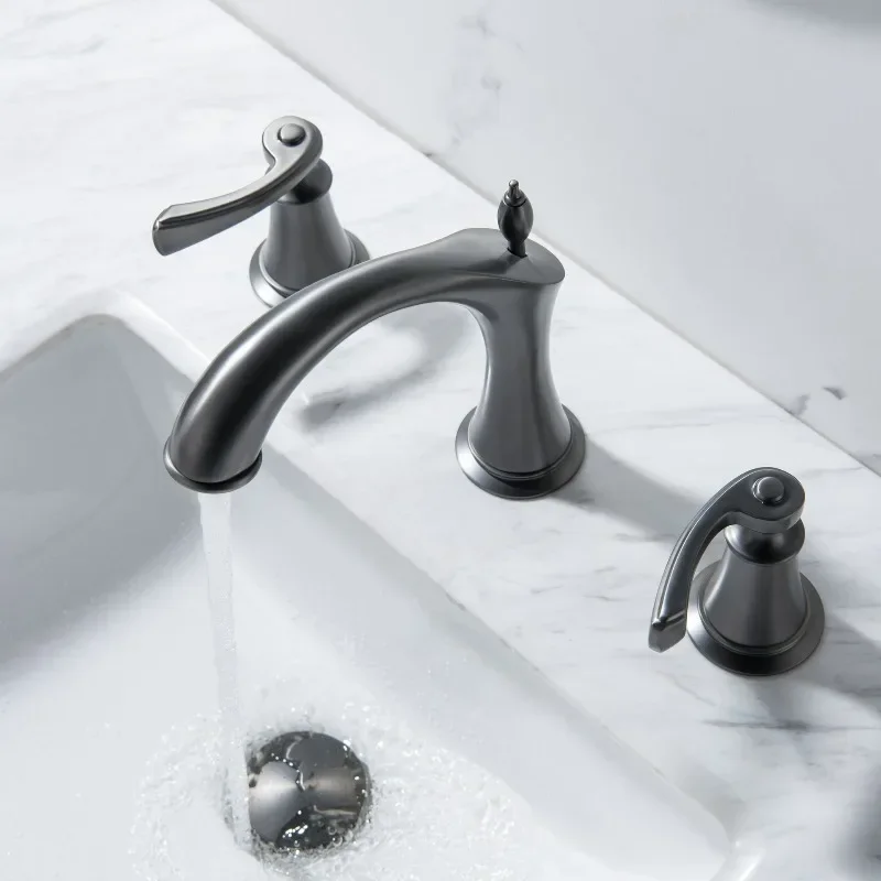 Rose Gold Widespread Basin Faucet Brass Hot Cold Classical Bathroom Mixer Tap Gray Brush Gold Finish Kitchen Sink Faucet