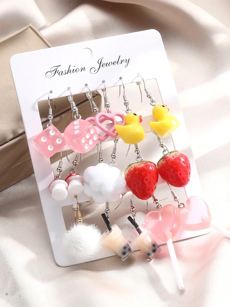 New Y2K Cartoon Animal Earrings Set For Women Girl Cute Colorful Geometric Acrylic Duck Love Drop Earrings Trendy Jewelry Gifts