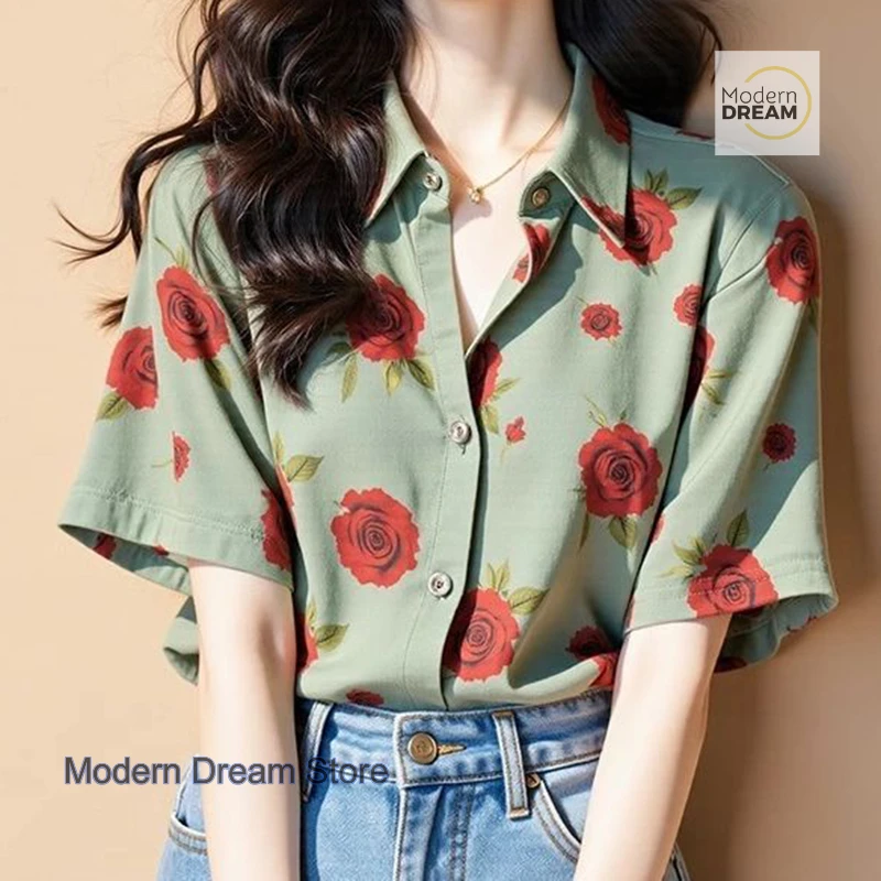 

French luxury temperament rose shirt women's summer new thin high fashion green short sleeve lined Joker casual blouse women