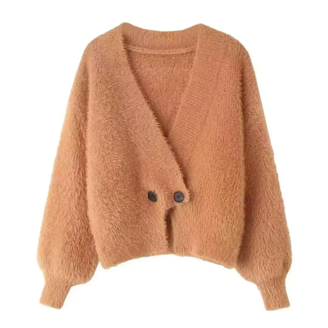 

Women's Soft Niche Polyester V-Neck Long Sleeve Medium Weight Cardigan Elegant Short Two-Button Knitted Sweater Jacket