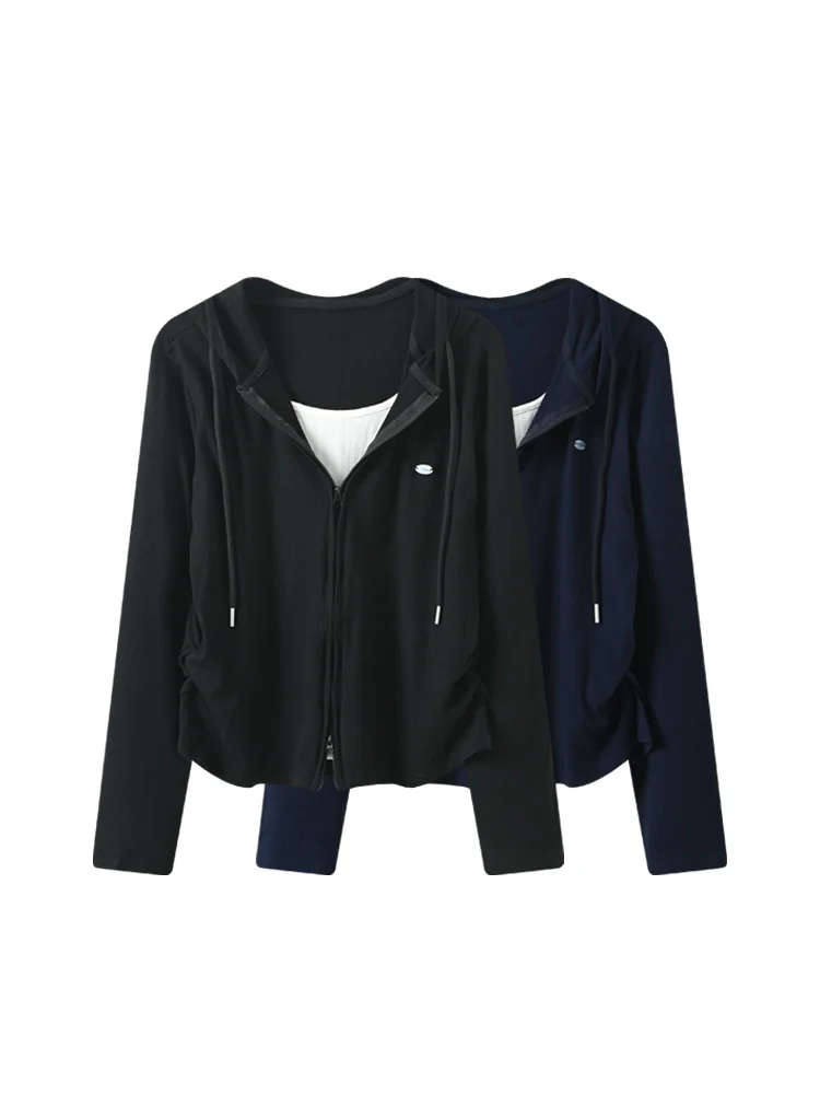 

Корейский трикотажный топ больших размеров с капюшоном и длинными рукавами для женщин, в стиле пэчворк, стройнящий, модный, повседневный, осенний, из смесового хлопка и модала