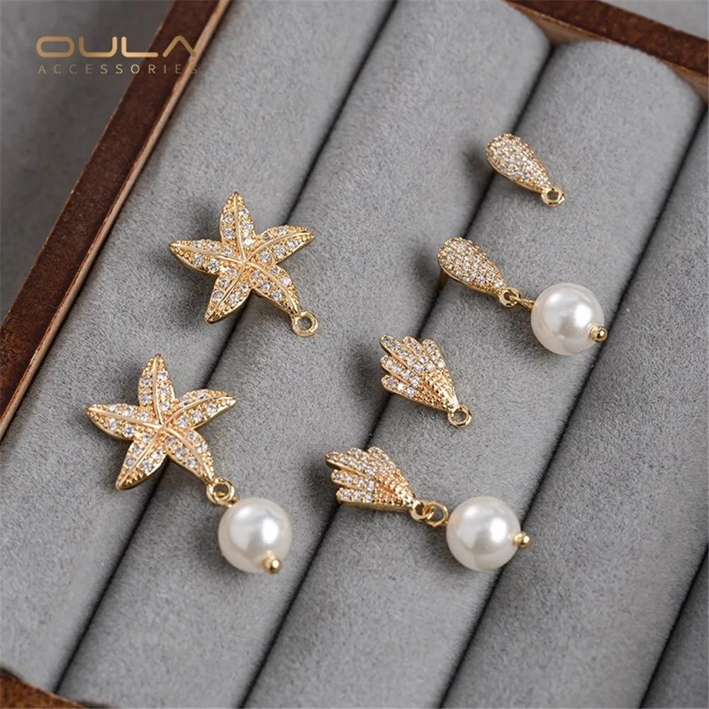 1pair Diy Silver Needle Earrings Material 14K Gold-plated Stud Earrings Set Zirconium Teardrop-shaped Feather Starfish Pendant
