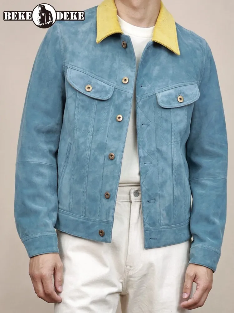 Leisure Lapel Single-Breasted Straight Men Genuine Leather Jacket Retro Solid Color Male Sheepskin Long Sleeves Outerwear